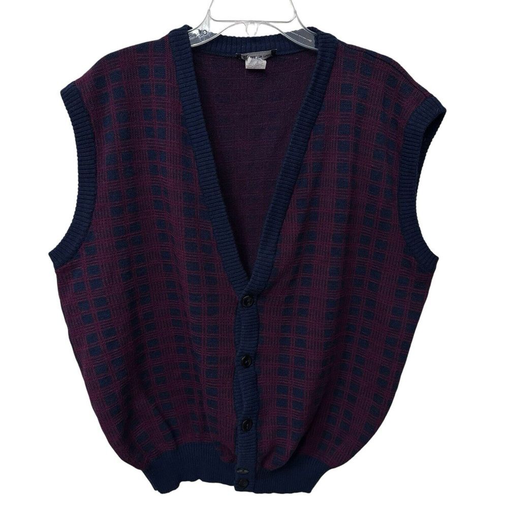 Vintage Wool Blend Sweater Vest Mens Size Large Blue/Maroon Made‎ In Italy